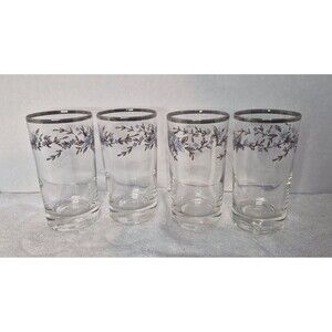 Vintage Mid Century Modern Tumblers Set Of 4 Clear with Blue Flowers Silver Rim